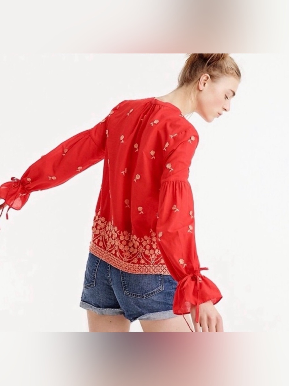 J. Crew Red Embroidered Tie-Sleeve Blouse
